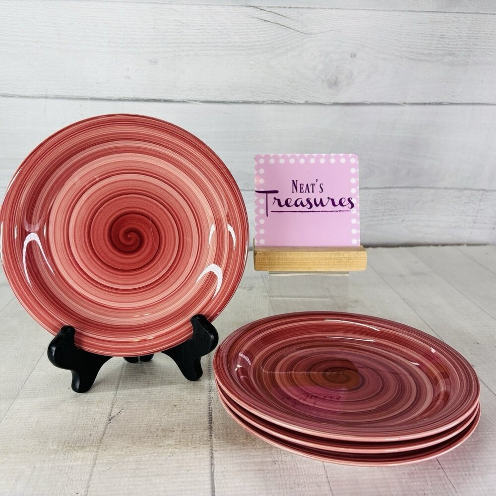 Citrus Grove SWIRL C8G5  Dark Red Pink Hand Paint Stoneware Salad Plate Set Of 4